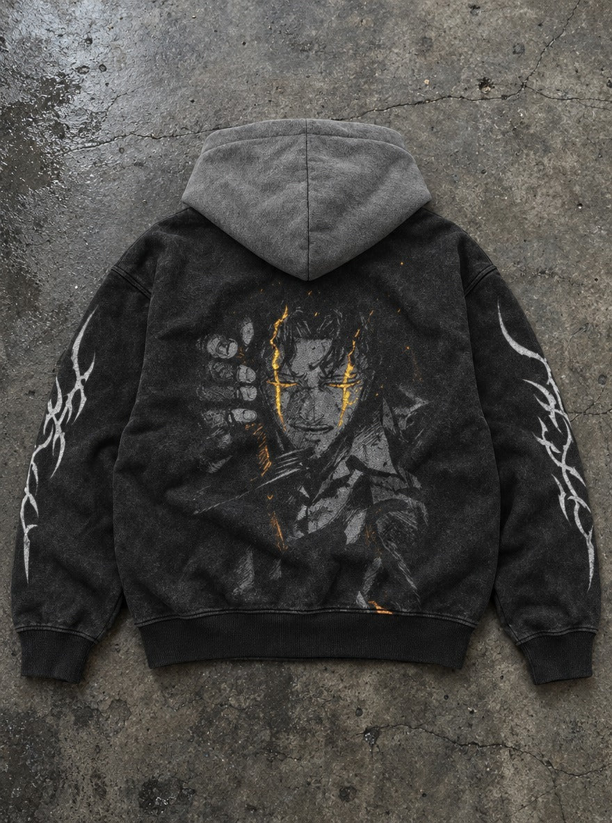 Ember Gaze – Black & Grey Hoodie – flat-lay | Fire Force