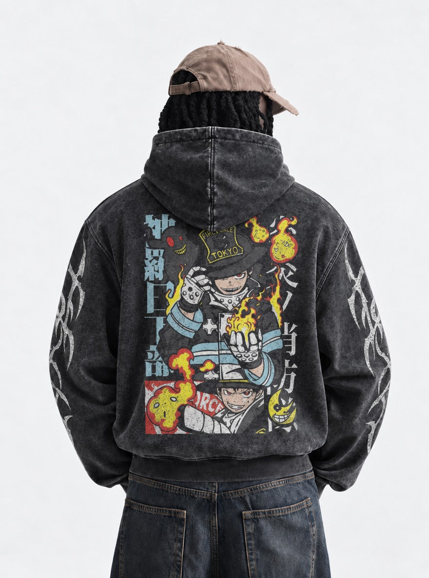 Flame Faces – Hoodie – model shot | Fire Force