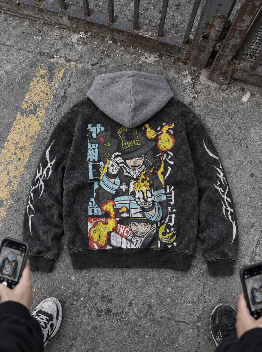 Flame Faces – Black & Grey Hoodie – flat-lay | Fire Force
