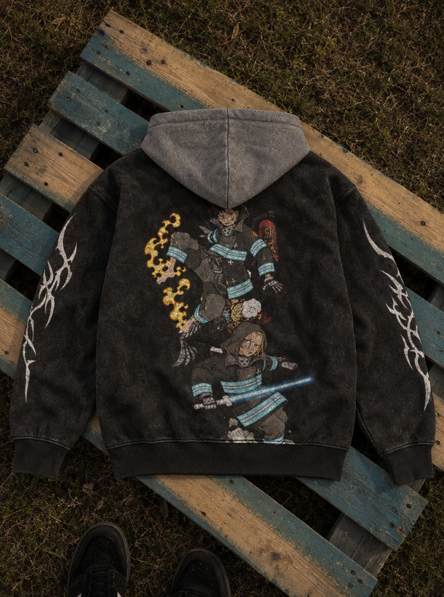 Flame Runner – Black & Grey Hoodie – flat-lay | Fire Force