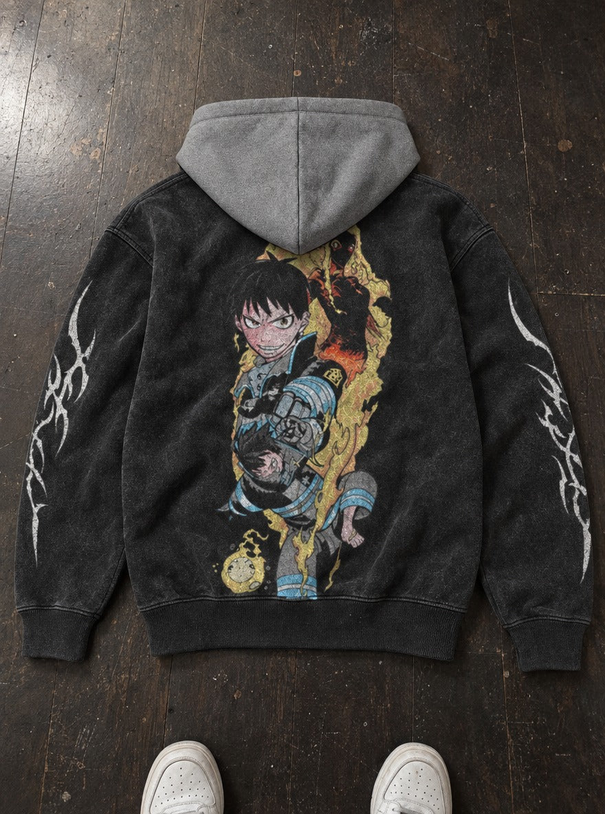 Grinning Flame – Black & Grey Hoodie – flat-lay | Fire Force