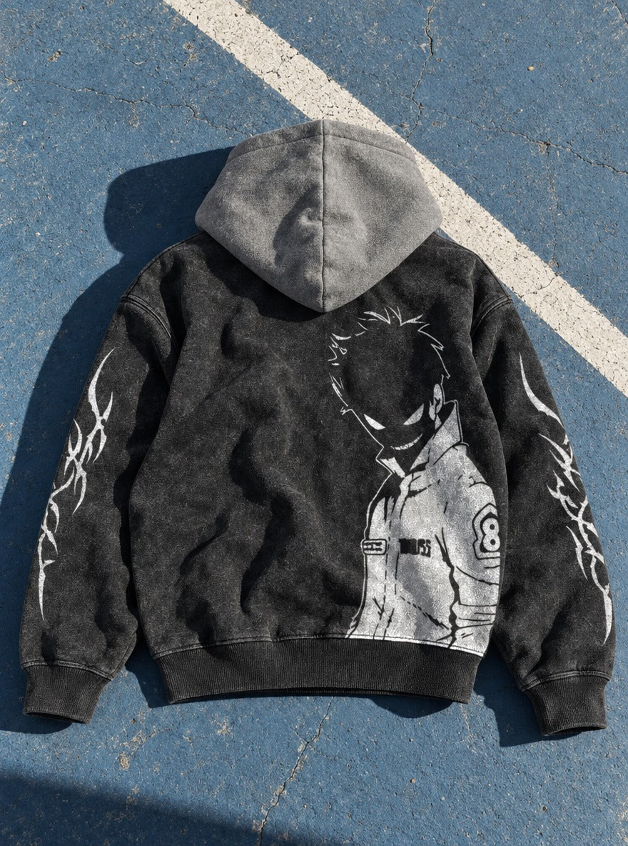 Grinning Shadow – Black & Grey Hoodie – flat-lay | Fire Force