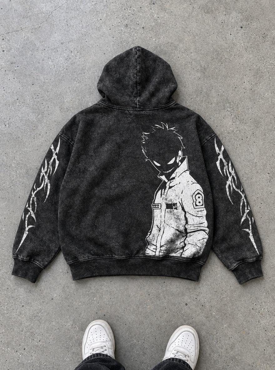 Grinning Shadow – Hoodie – flat-lay | Fire Force