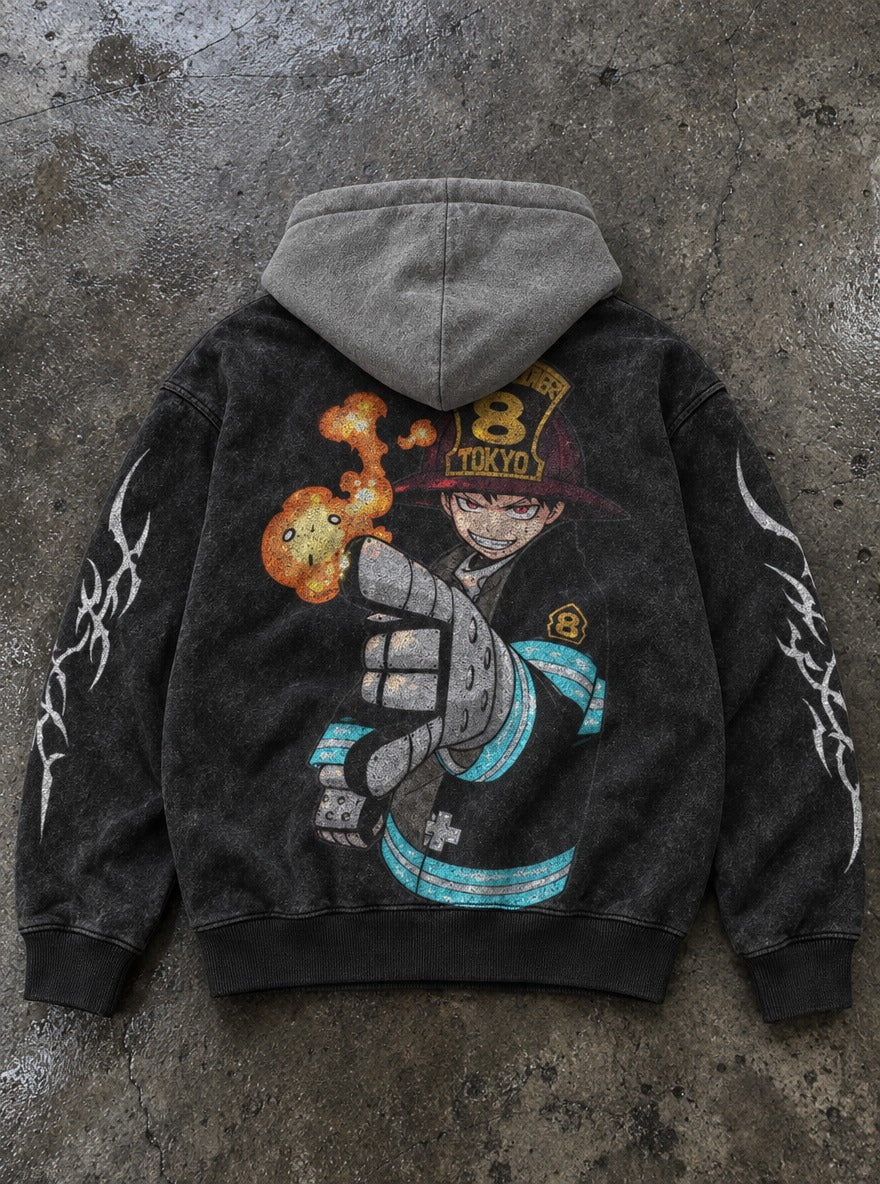 Ignition Gauntlet – Black & Grey Hoodie – flat-lay | Fire Force