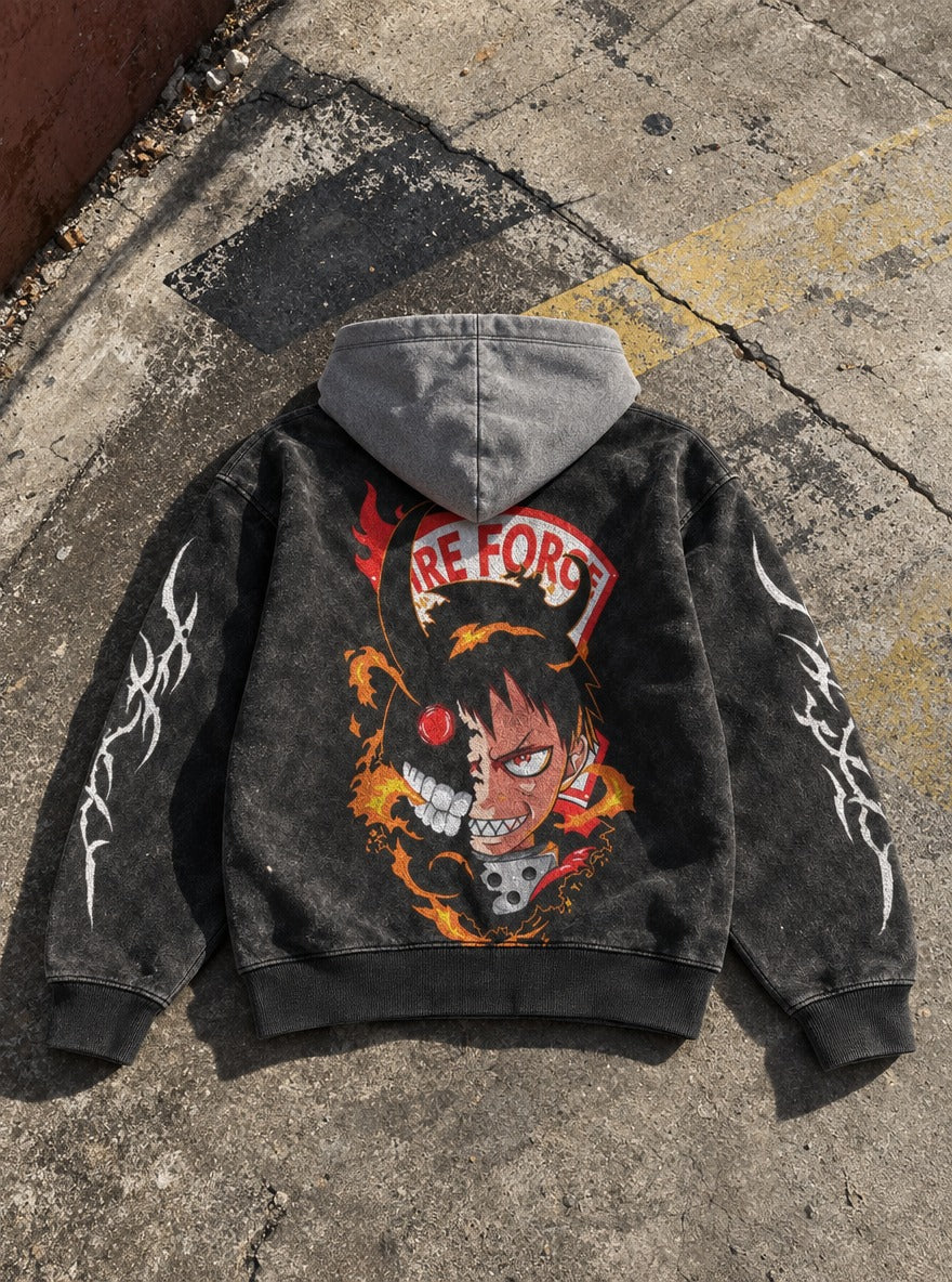 Infernal Split – Black & Grey Hoodie – flat-lay | Fire Force