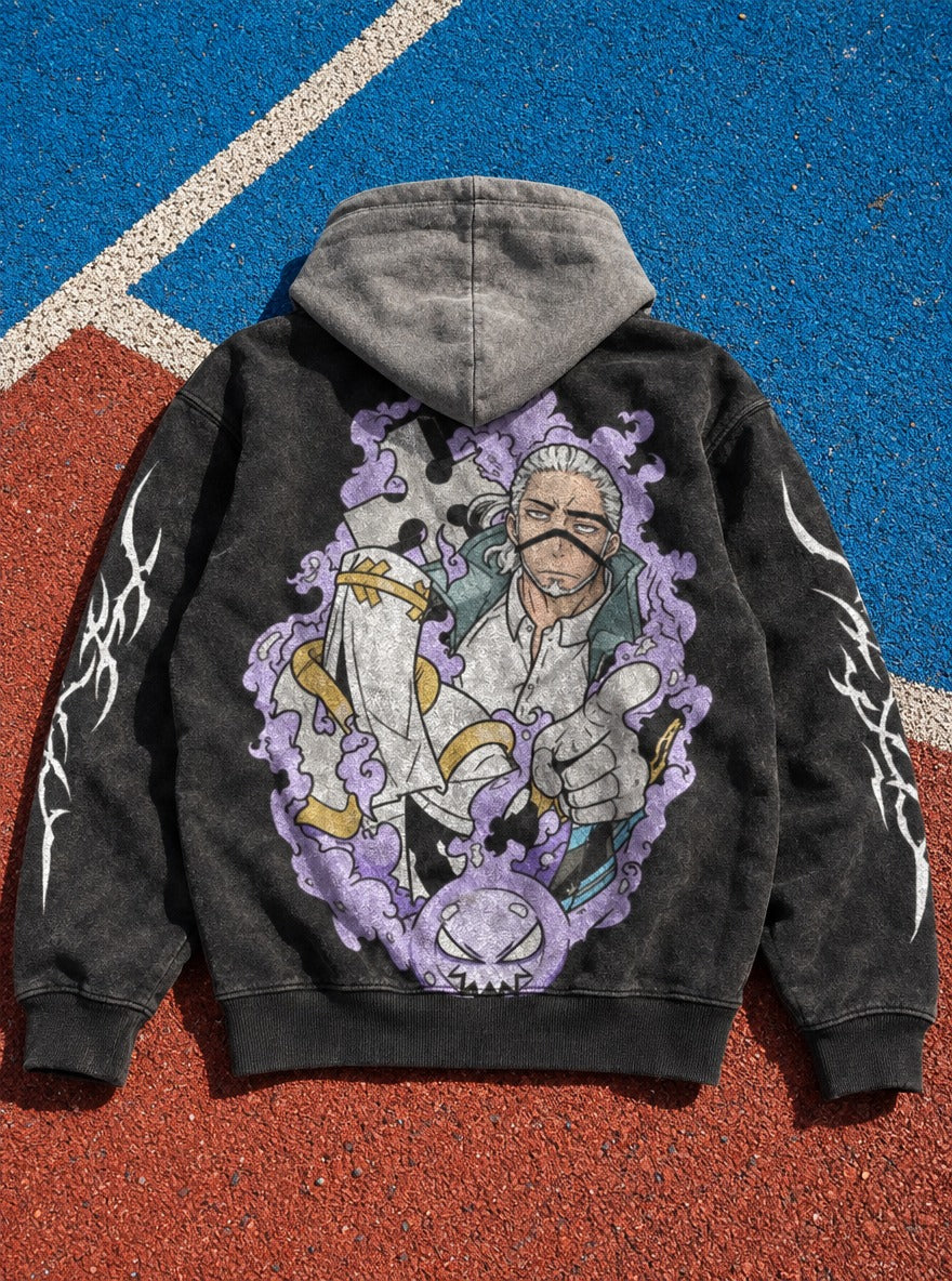 Puzzle Phantom – Black & Grey Hoodie – flat-lay | Fire Force
