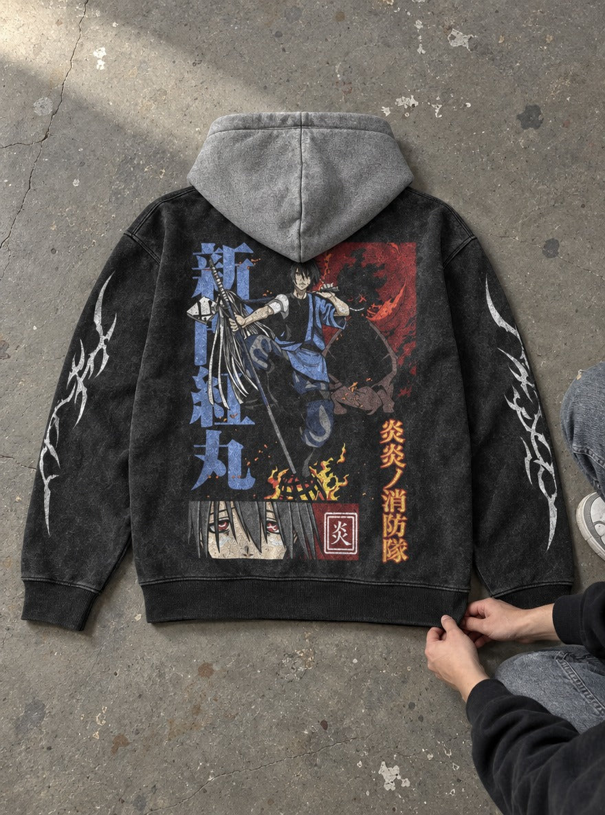 Spear Ember – Black & Grey Hoodie – flat-lay | Fire Force
