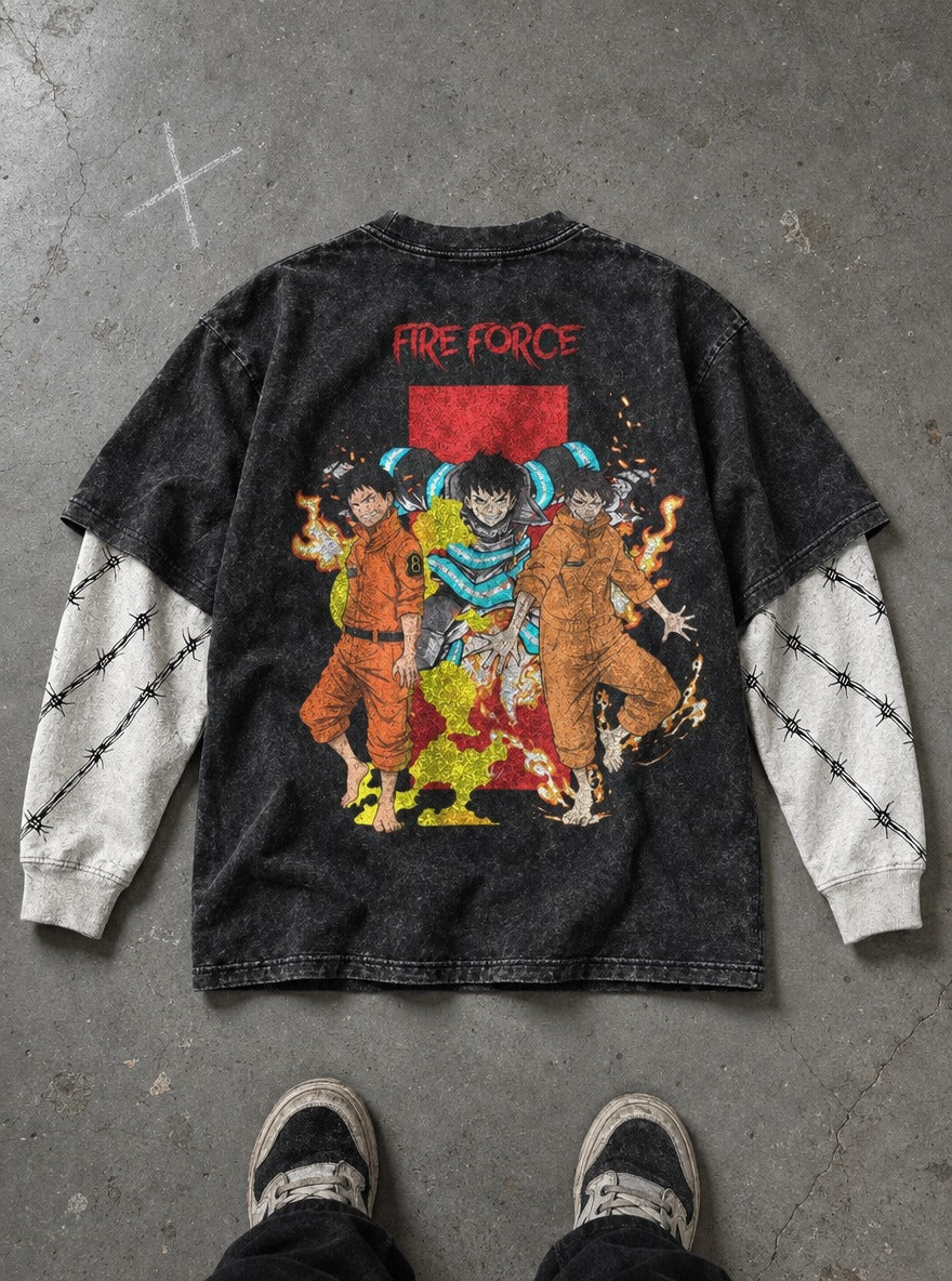 Trio Blaze – Double Sleeves – flat-lay | Fire Force