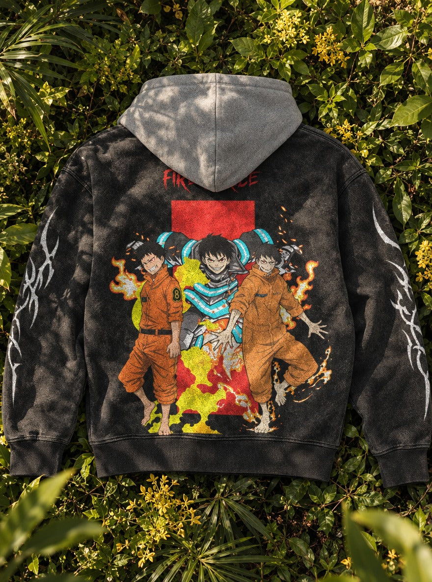 Trio Blaze – Black & Grey Hoodie – flat-lay | Fire Force