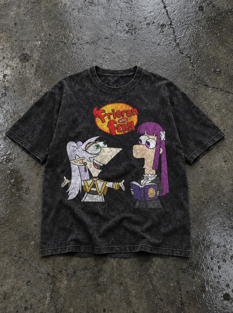 Frieren & Fern – Black Acid Wash Tee – flat-lay | Meme Tees