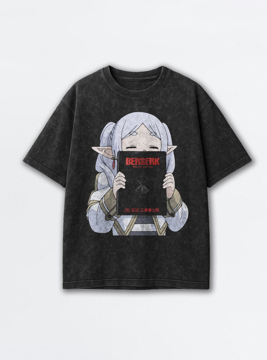 Frieren Reads Berserk – Black Acid Wash Tee – mockup | Frieren