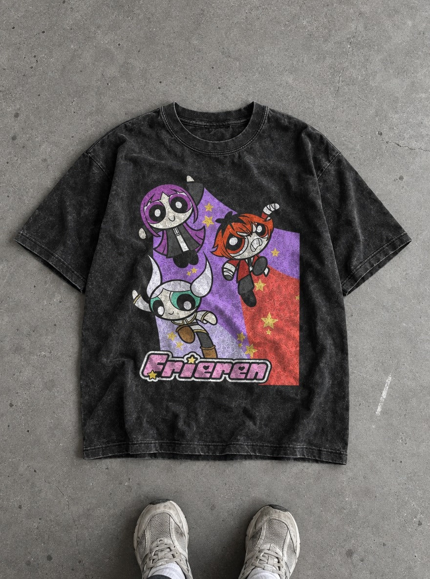 Frieren – Black Acid Wash Tee – flat-lay | Meme Tees