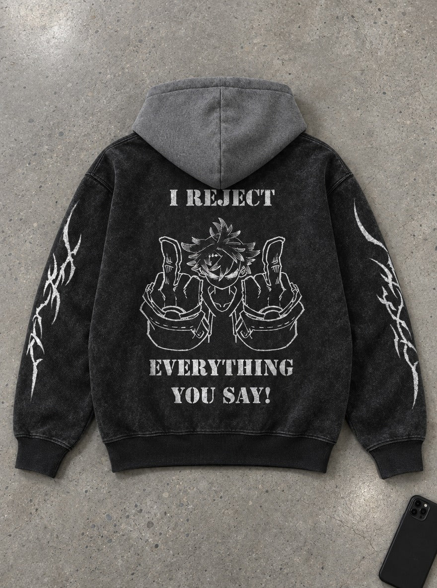 I Reject Everything – Black & Grey Hoodie – flat-lay | Gachiakuta
