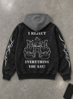 I Reject Everything – Black & Grey Hoodie – flat-lay | Gachiakuta