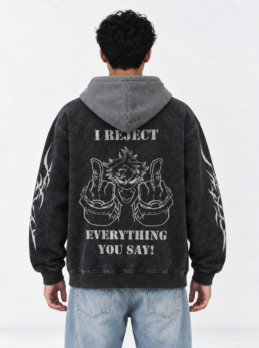 I Reject Everything – Black & Grey Hoodie – model shot | Gachiakuta