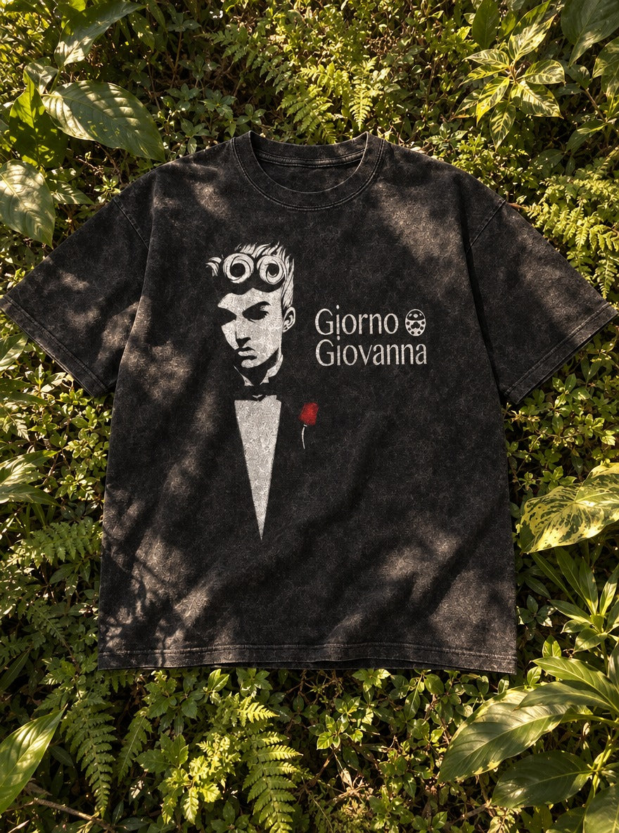 Giorno Godfather – Black Acid Wash Tee – flat-lay | Meme Tees