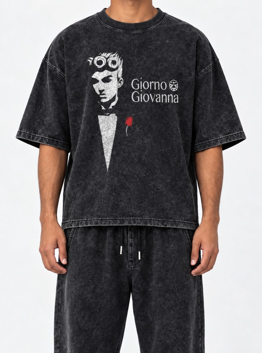 Giorno Godfather – Black Acid Wash Tee – model shot | Meme Tees