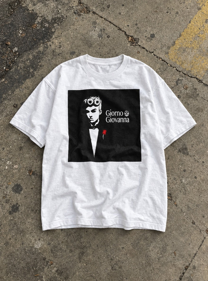 Giorno Godfather – White Tee – flat-lay | Meme Tees