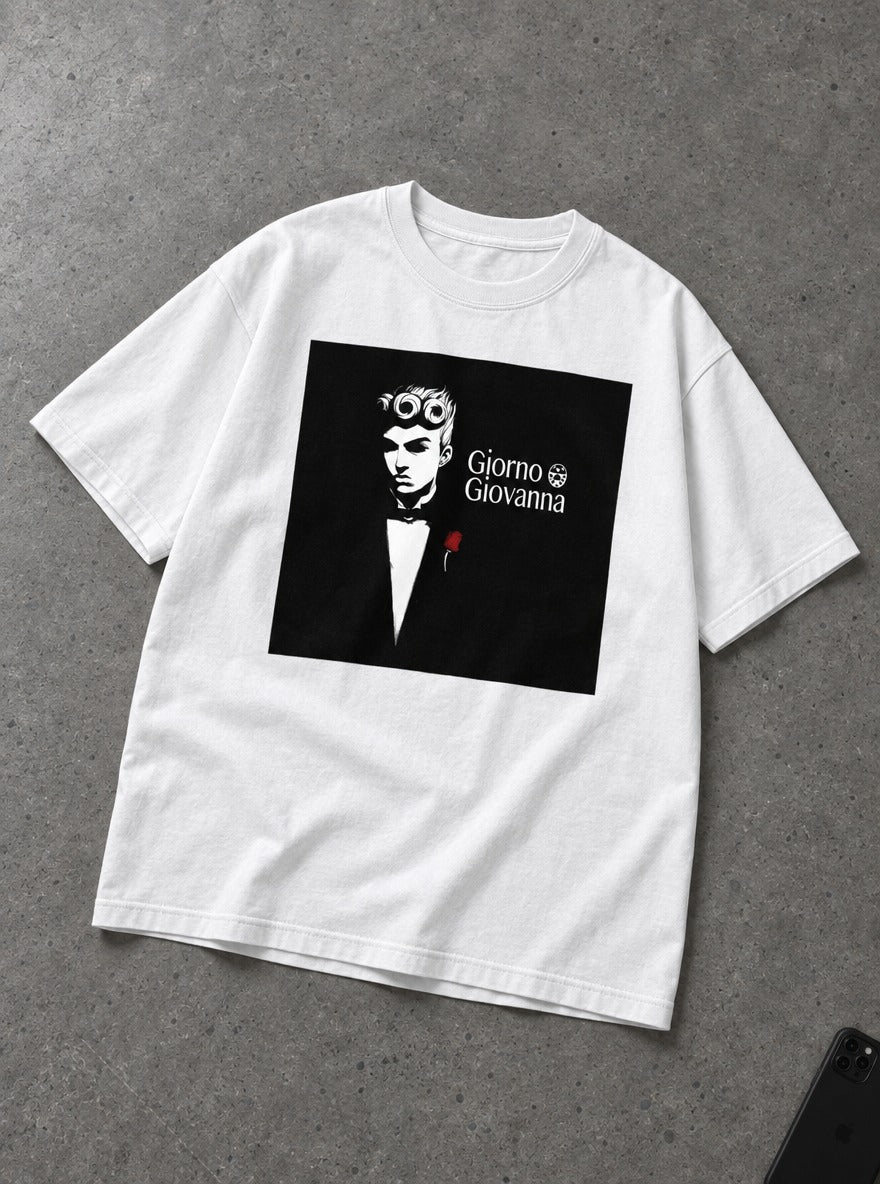 Giorno Godfather – White Tee – flat-lay | Meme Tees