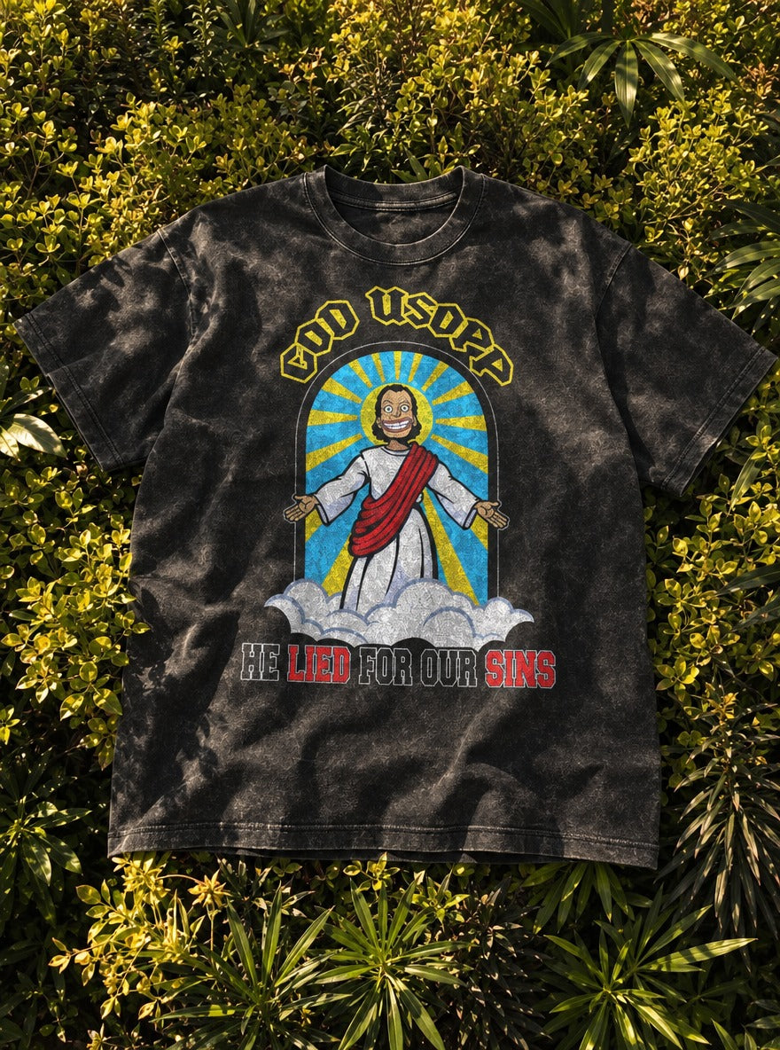 God Usopp – Black Acid Wash Tee – flat-lay | Meme Tees