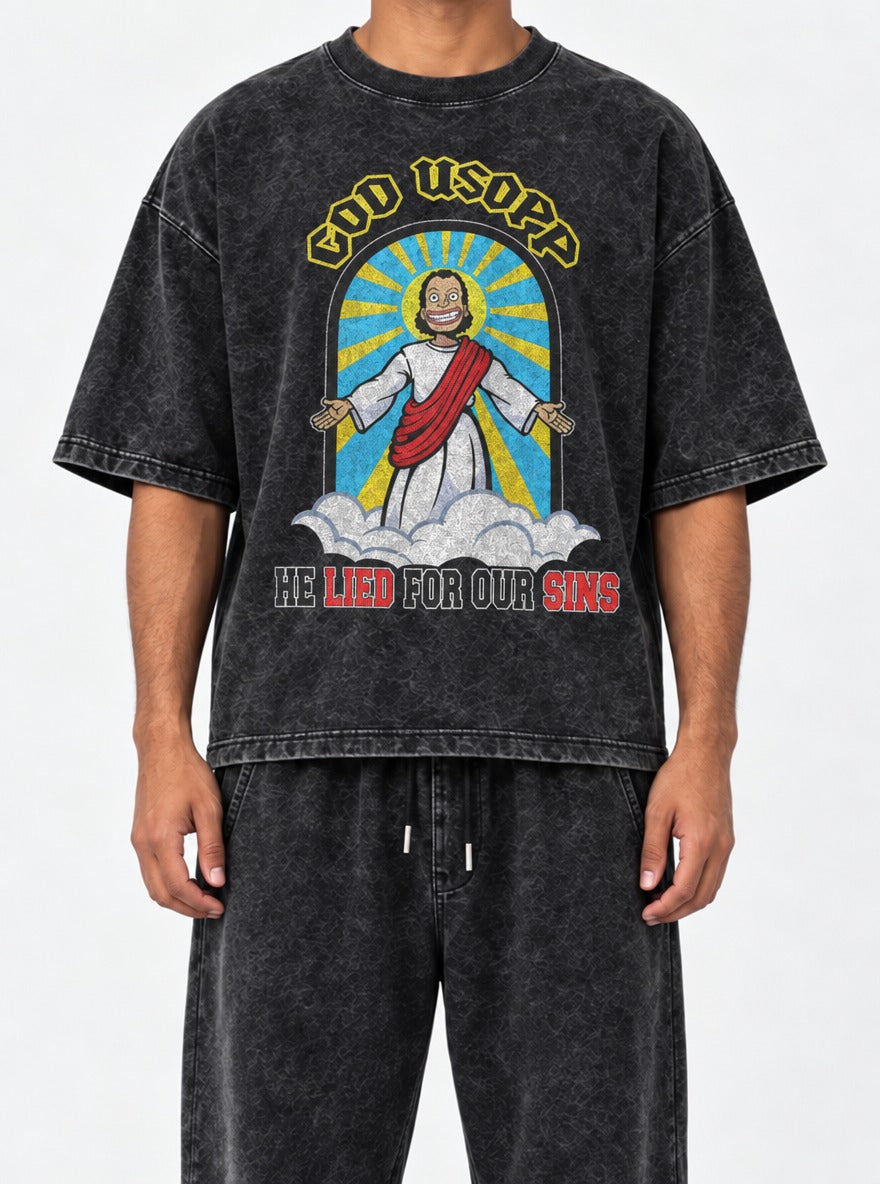 God Usopp – Black Acid Wash Tee – model shot | Meme Tees