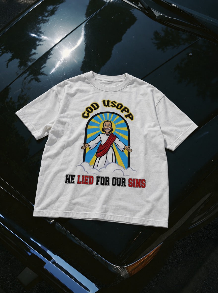 God Usopp – White Tee – flat-lay | Meme Tees