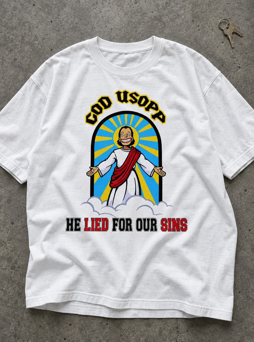 God Usopp – White Tee – flat-lay | Meme Tees