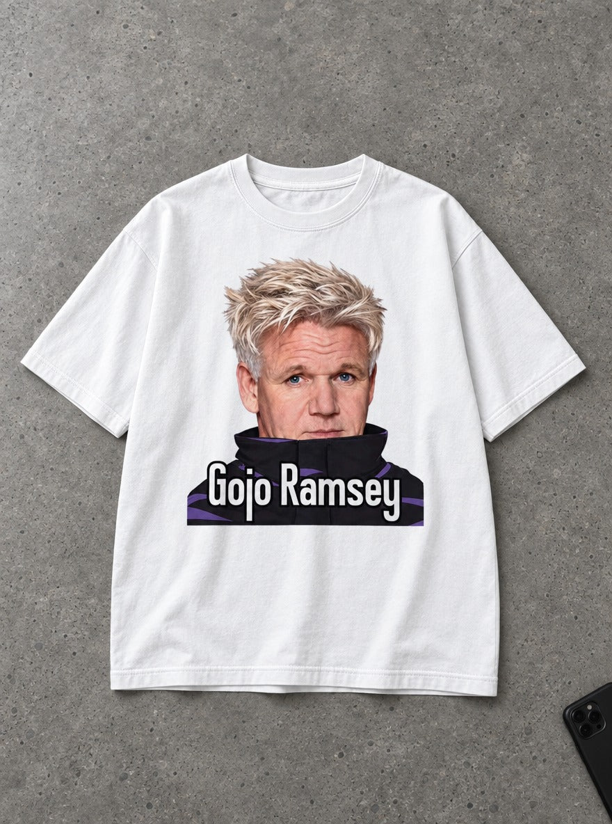 Gojo Ramsey – White Tee – flat-lay | Meme Tees