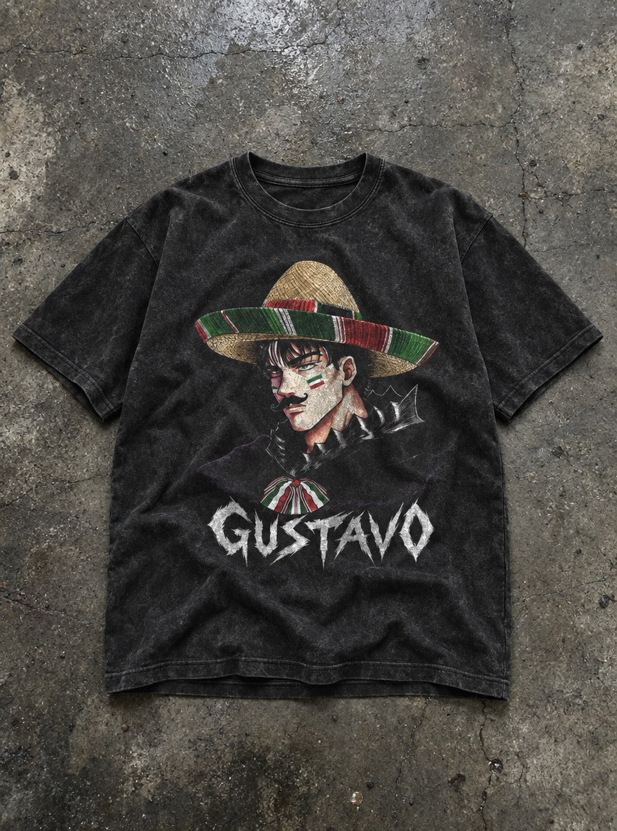 Gustavo – Black Acid Wash Tee – flat-lay | Meme Tees