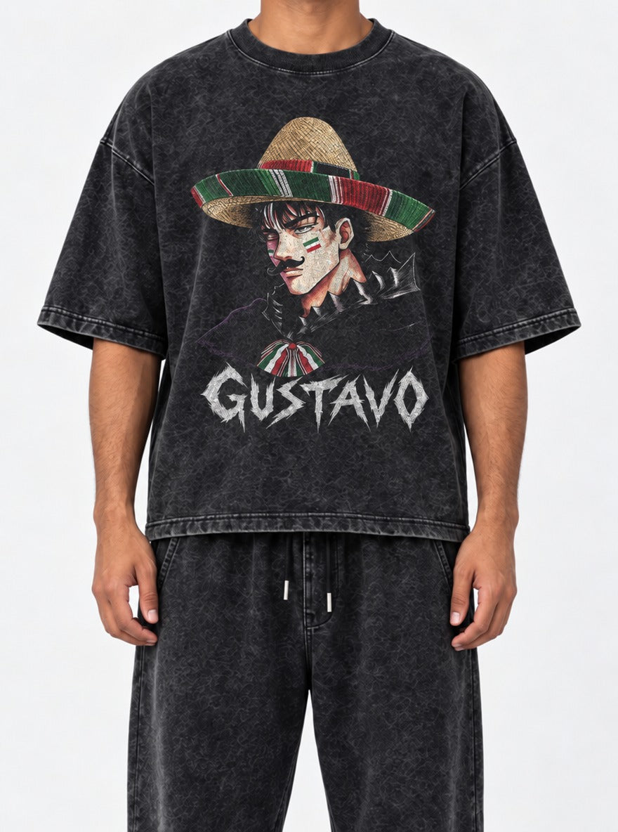 Gustavo – Black Acid Wash Tee – model shot | Meme Tees
