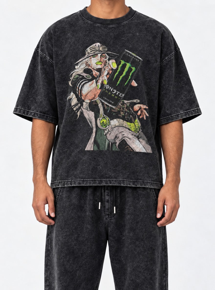 Gyro Zeppeli Monster – Black Acid Wash Tee – model shot | Meme Tees