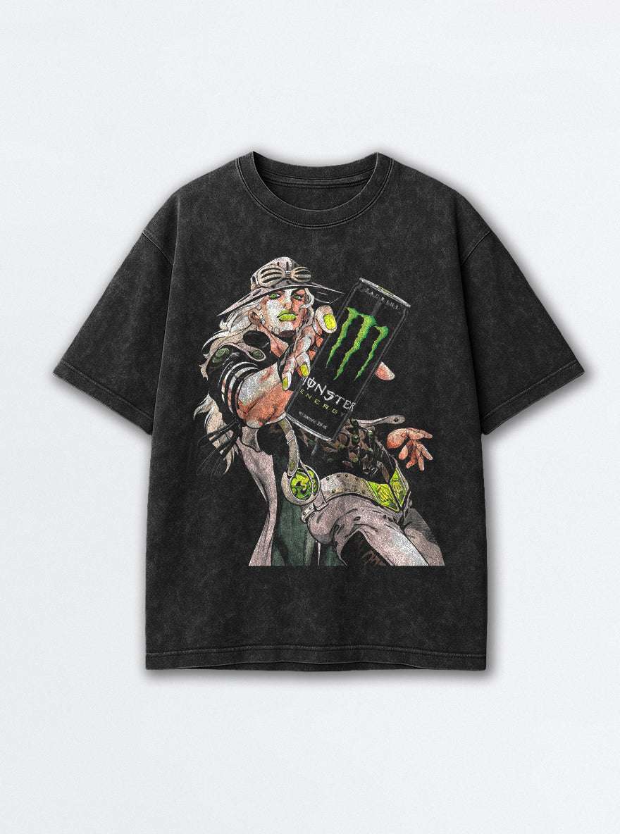 Gyro Zeppeli Monster – Black Acid Wash Tee – mockup | Meme Tees