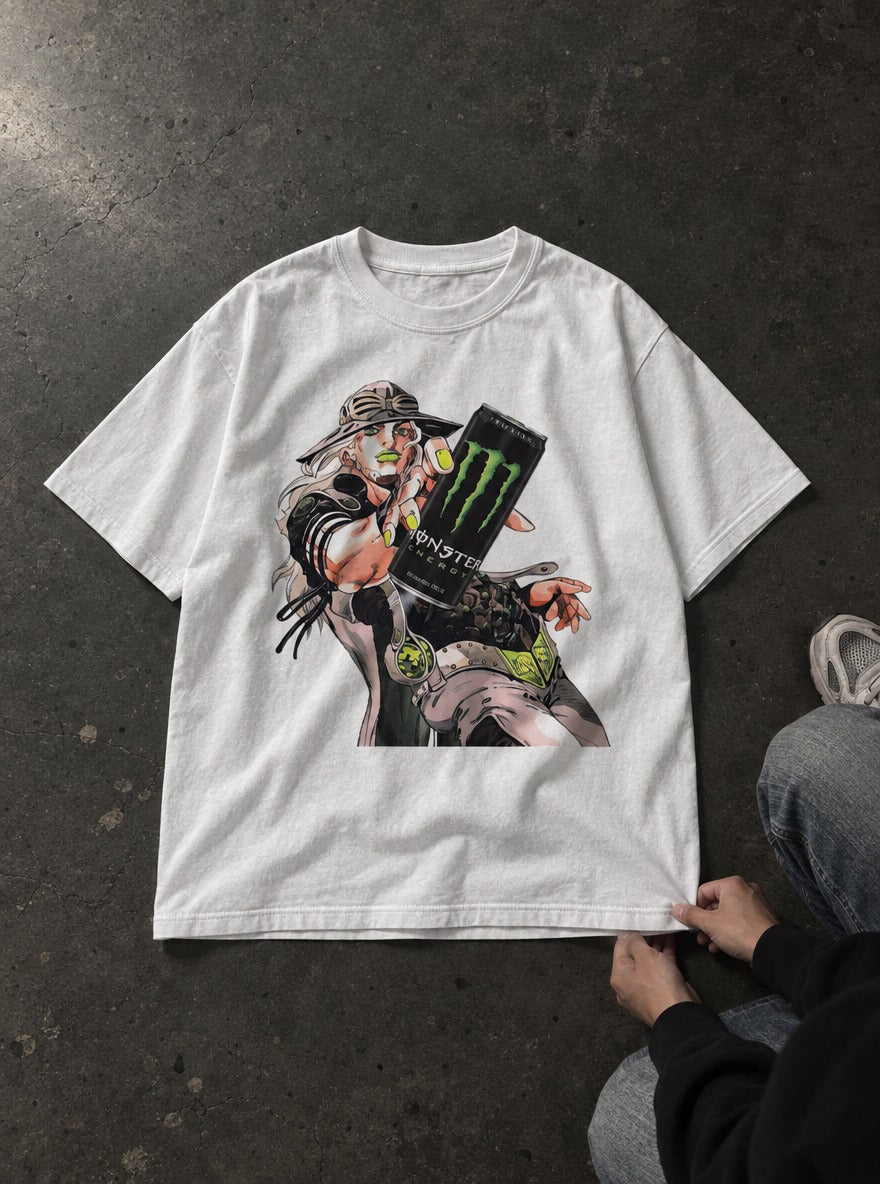 Gyro Zeppeli Monster – White Tee – flat-lay | Meme Tees