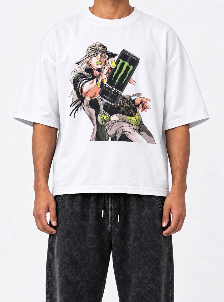 Gyro Zeppeli Monster – White Tee – model shot | Meme Tees