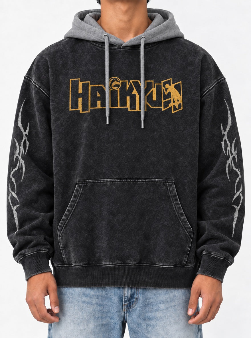 Volleyball Logo – Black & Grey Hoodie – model shot | Haikyuu