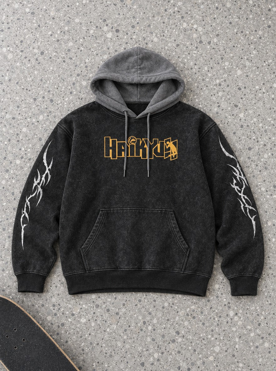 Volleyball Logo – Black & Grey Hoodie – flat-lay | Haikyuu