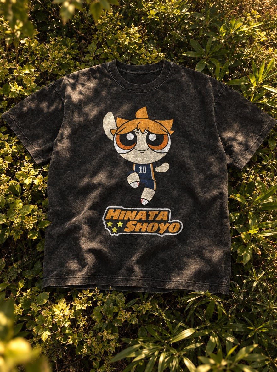 Hinata Shoyo – Black Acid Wash Tee – flat-lay | Meme Tees