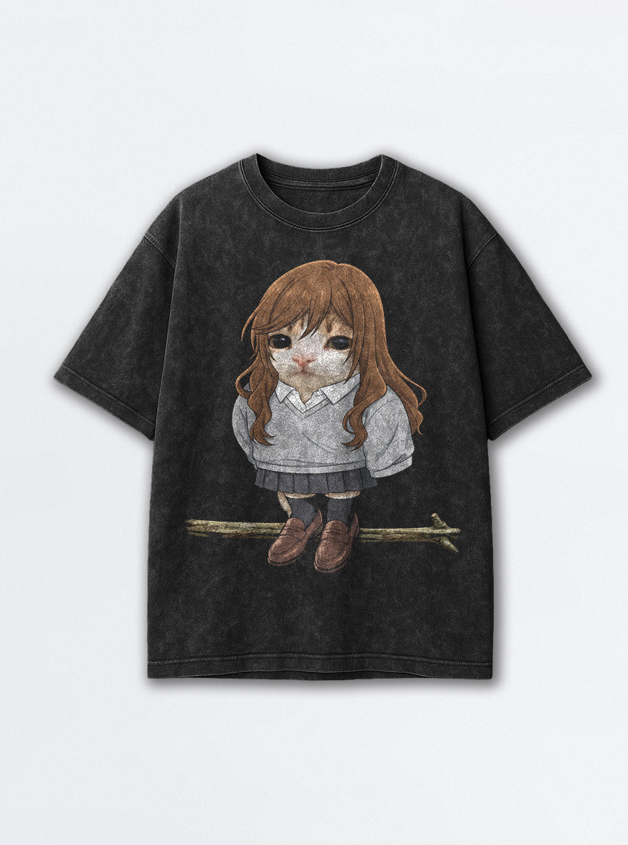 HoriMeowls – Black Acid Wash Tee – mockup | Meme Tees