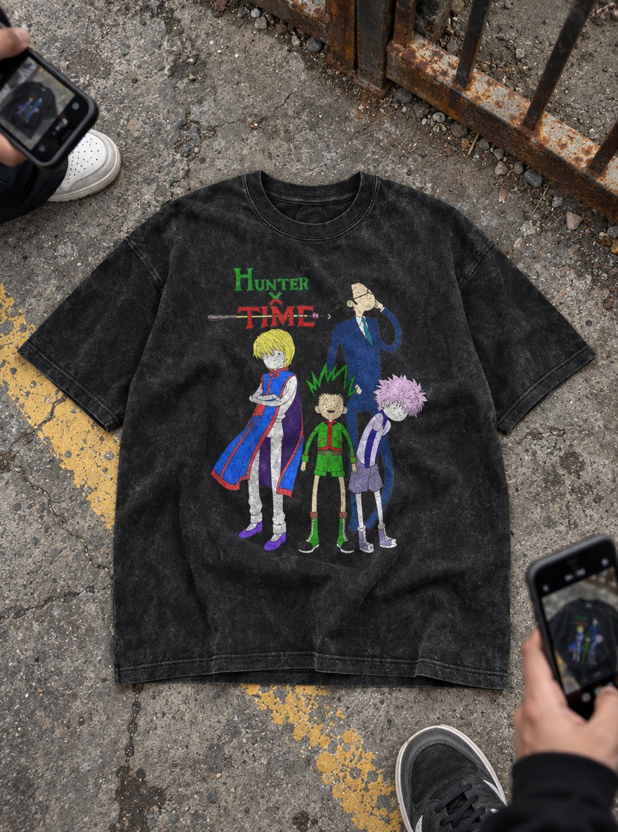 Hunter x Time – Black Acid Wash Tee – flat-lay | Meme Tees