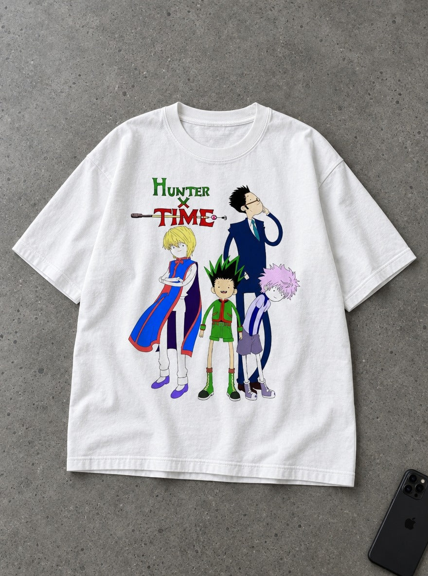 Hunter x Time – White Tee – flat-lay | Meme Tees