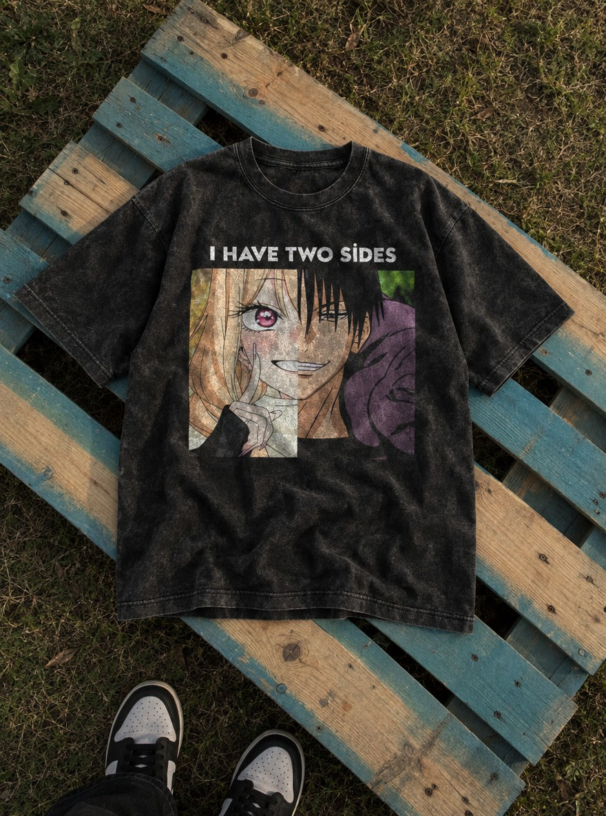 I Have 2 Sides – Black Acid Wash Tee – flat-lay | Meme Tees