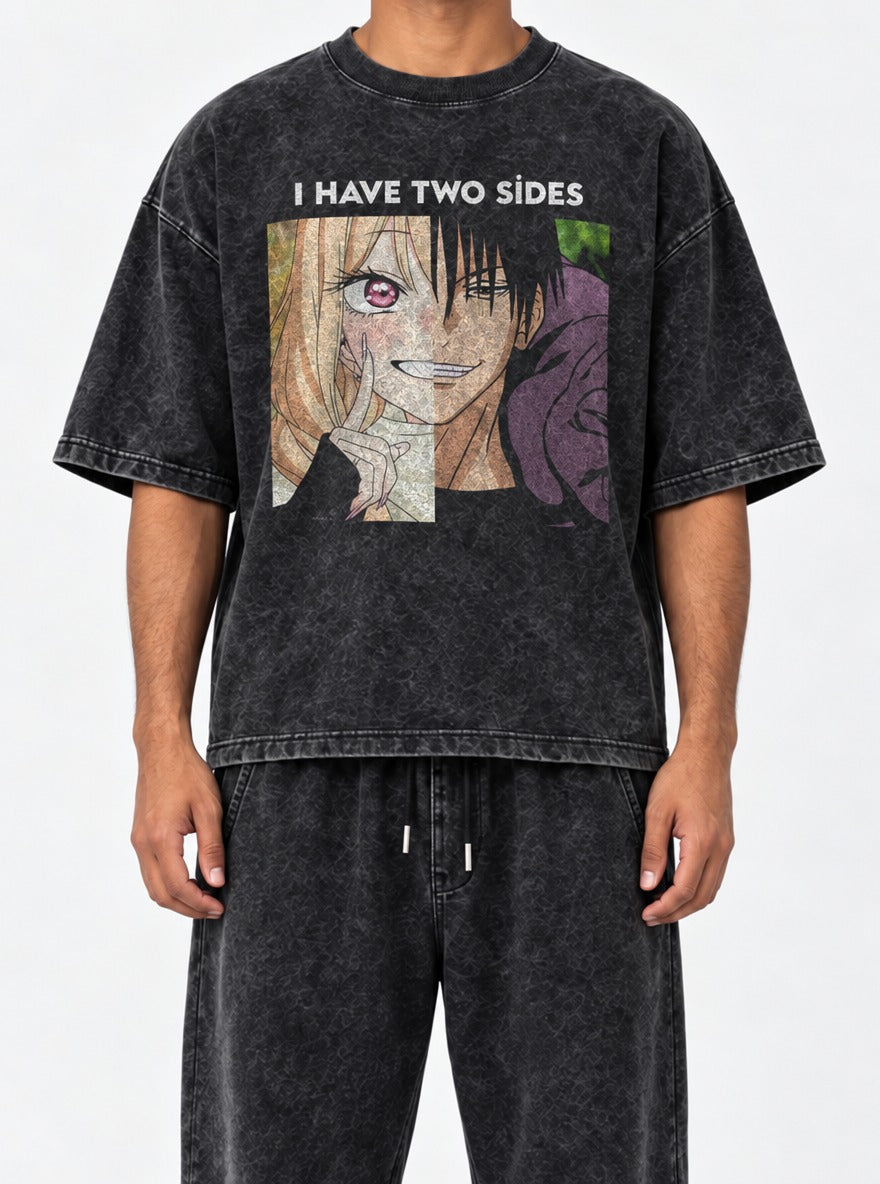 I Have 2 Sides – Black Acid Wash Tee – model shot | Meme Tees