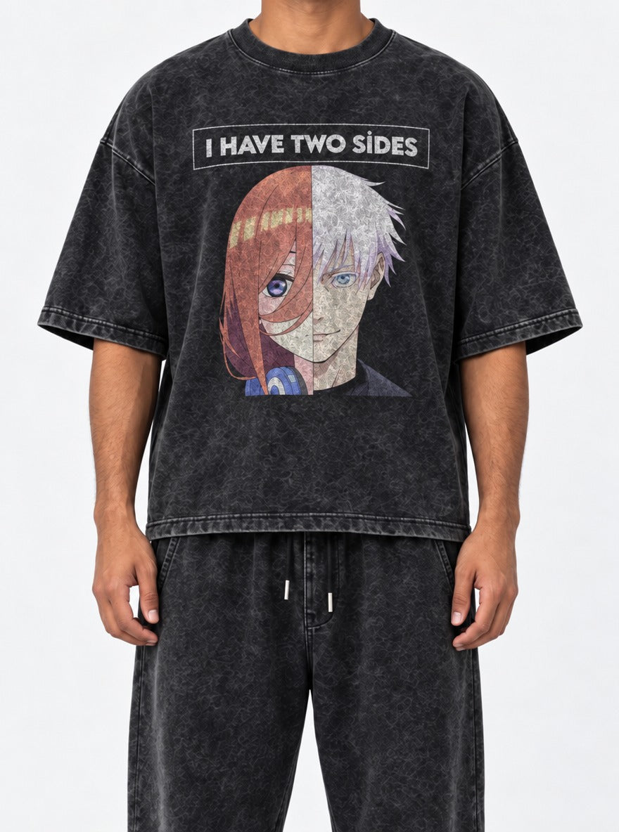 I Have 2 Sides – Black Acid Wash Tee – model shot | Meme Tees
