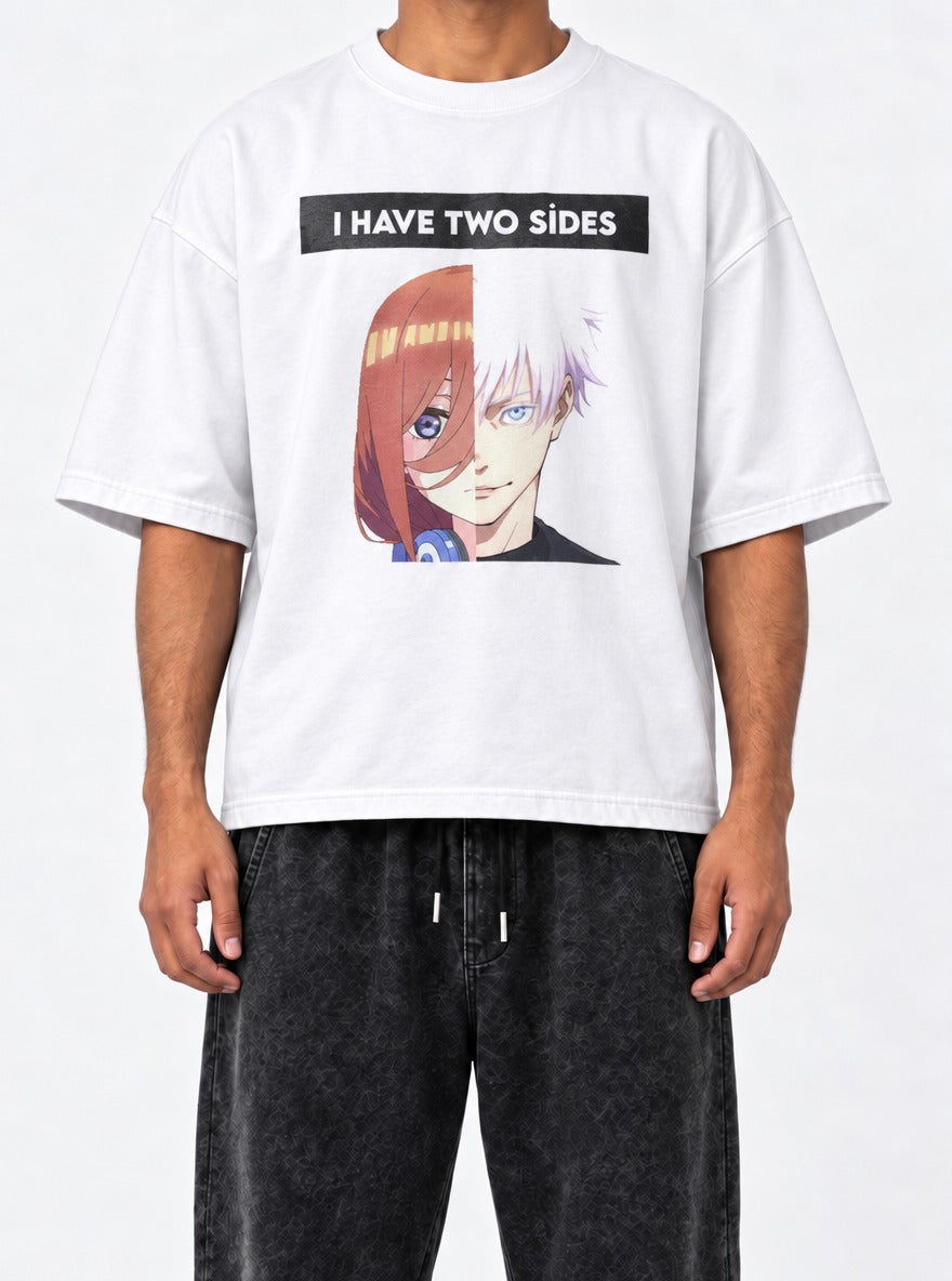 I Have 2 Sides – White Tee – model shot | Meme Tees