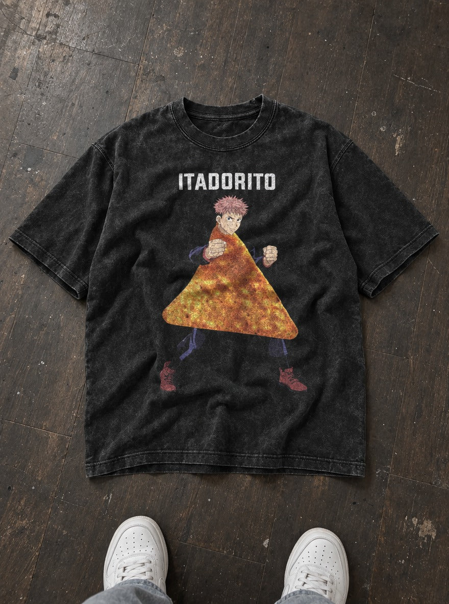 Itadorito – Black Acid Wash Tee – flat-lay | Meme Tees