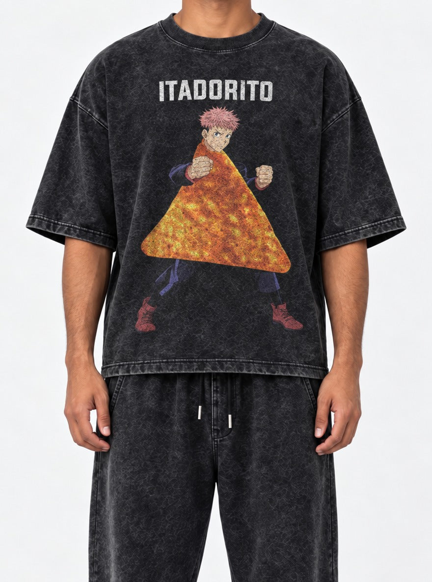 Itadorito – Black Acid Wash Tee – model shot | Meme Tees