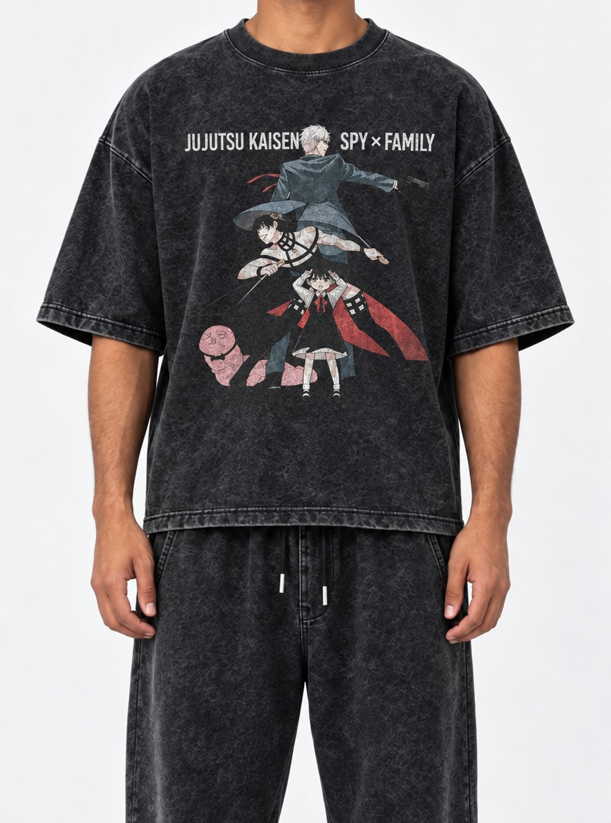 JJK x Spy x Family – Black Acid Wash Tee – model shot | Meme Tees