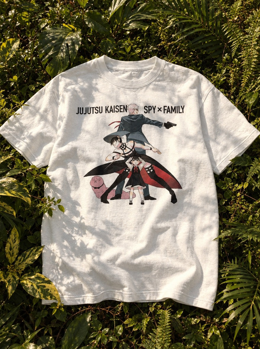 JJK x Spy x Family – White Tee – flat-lay | Meme Tees