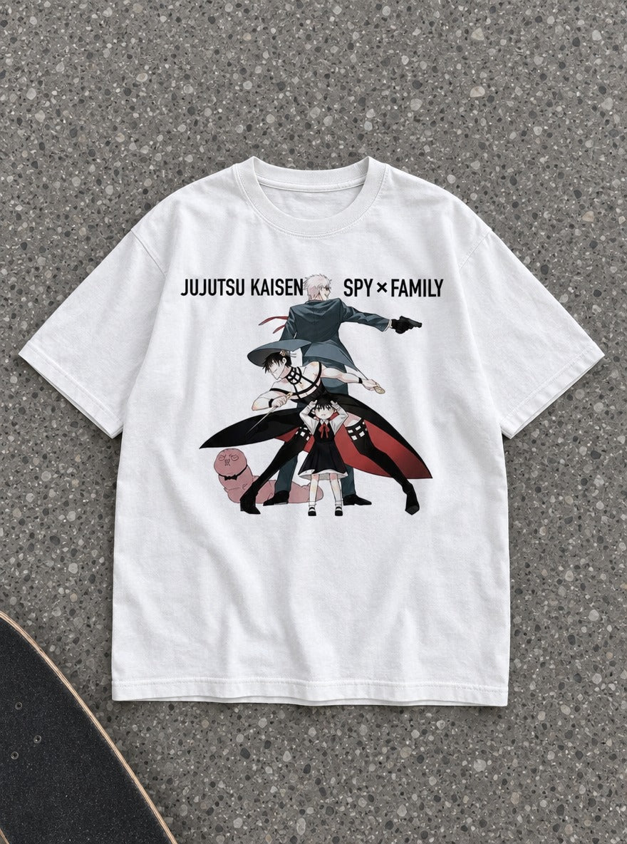 JJK x Spy x Family – White Tee – flat-lay | Meme Tees