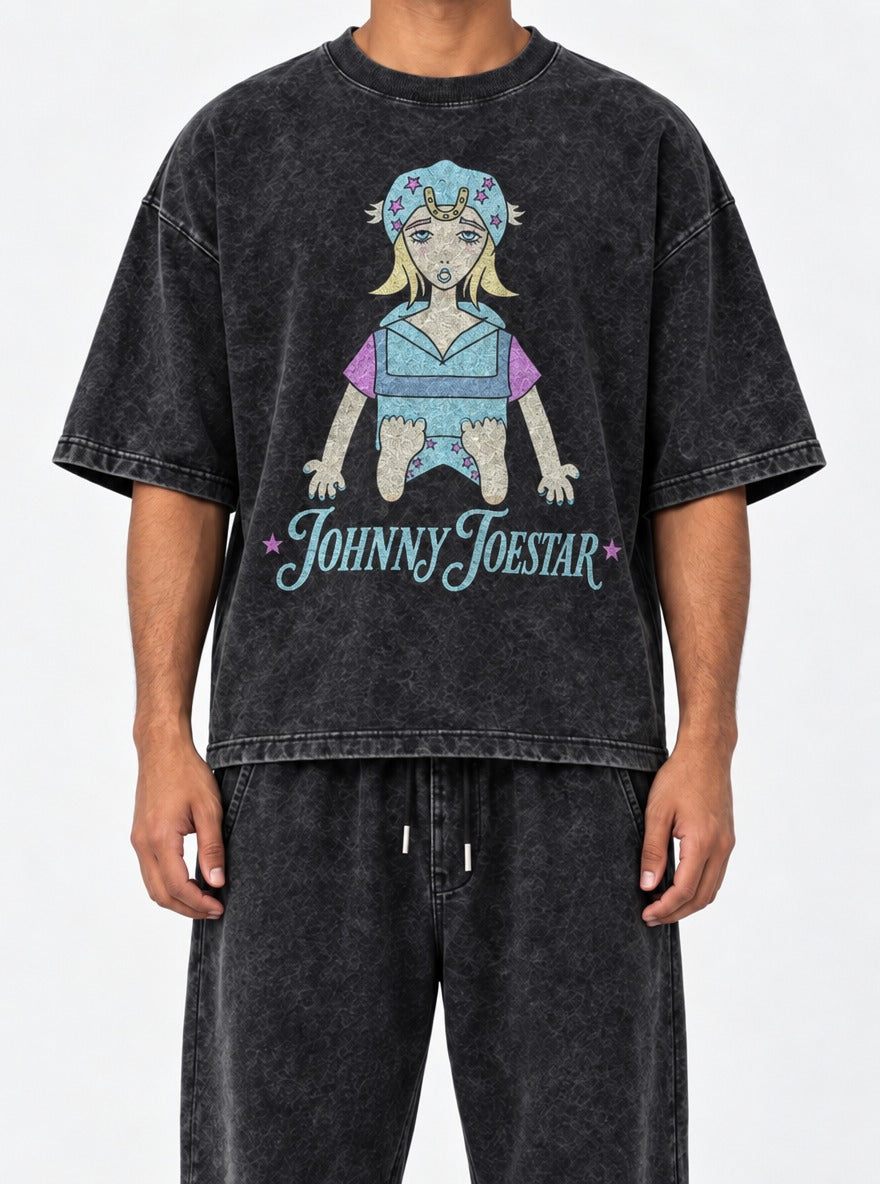 Johnny Toestar – Black Acid Wash Tee – model shot | Meme Tees